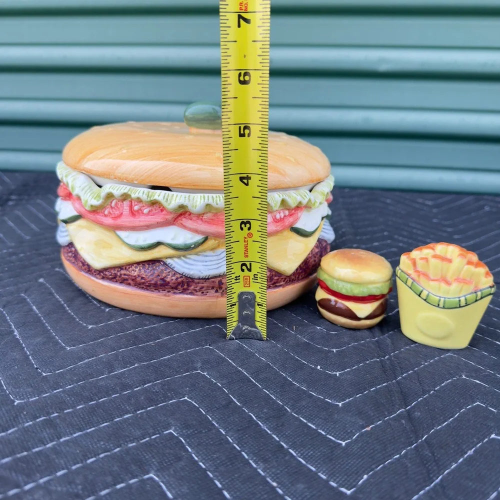 Vintage Ceramic Hamburger Divided Serving Dish with Fry & Burger Shakers Set